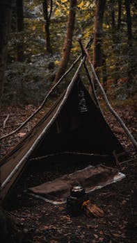 A rustic camping setup in a dense Bolu forest with a tent, kettle, and lantern, evoking adventure.