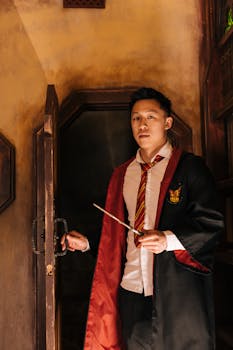 A young man in cosplay wizard robe with wand, standing at a doorway.