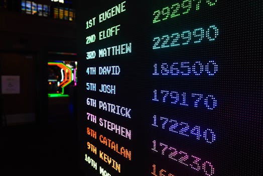 Colorful illuminated arcade scoreboard displaying high scores in a vibrant gaming ambiance.
