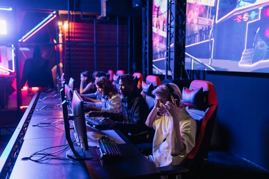 Focused gamers in a high-tech arena compete intensely, showcasing esports fervor.
