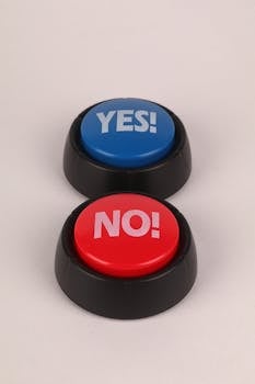 Red and blue push buttons labeled YES and NO, symbolizing choices and decisions.