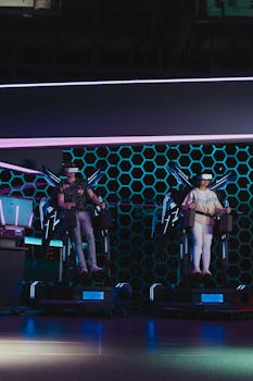 Two people engaged in a captivating virtual reality experience with VR headsets and consoles.